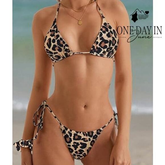 CharmLeaks Leopard Triangle Tie Side Ruched Bikini Swimsuit Size S - Picture 1 of 4